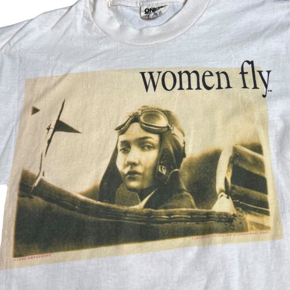 VINTAGE 90s Amelia Earhart Women Fly T-Shirt 1992 Single Stitch Size Medium - Picture 5 of 8